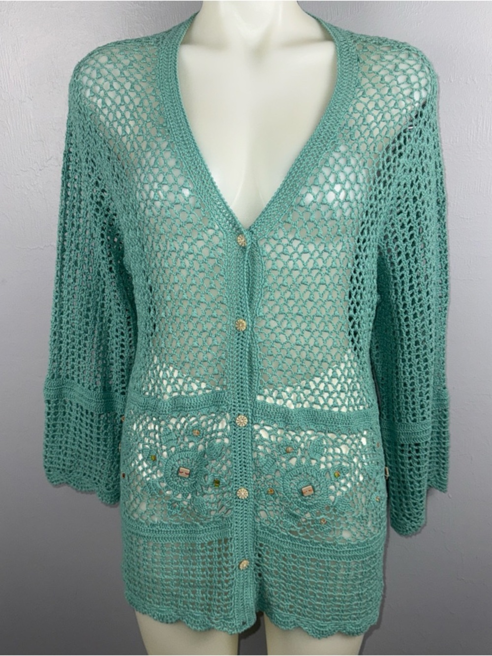 KORET Vintage Crochet Cardigan Women’s XL Turquoise Embellishment Bohemian